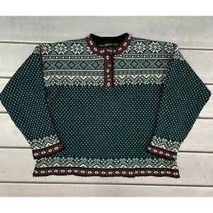 Vintage LL Bean Nordic Birds Eye Sweater Womens Large Green 100% Merino Wool